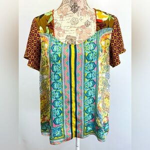 ODDY Yellow and Blue multi graphic print silky top size M
